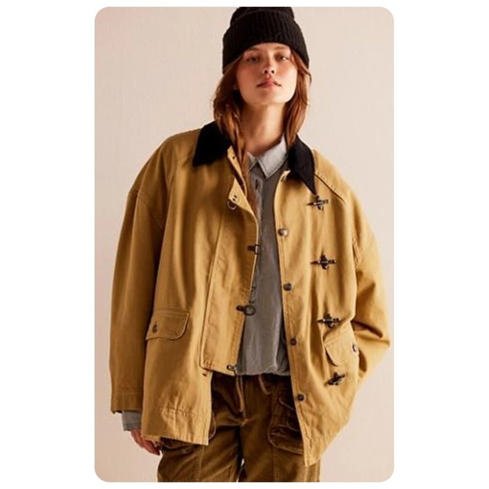 Free People Tan Toggle Jacket with Black Corduroy Collar